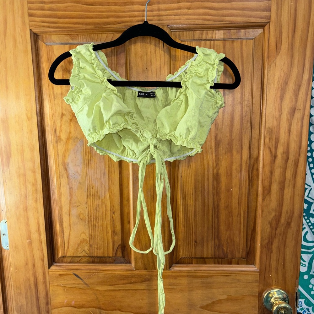 Green Ruffle Trim Wrap Crop Top - Picture 2 of 5